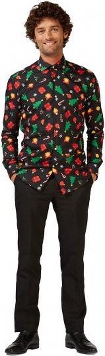 Opposuits Overhemd Christmas Icons Heren Polyester Zwart Mt 3xl