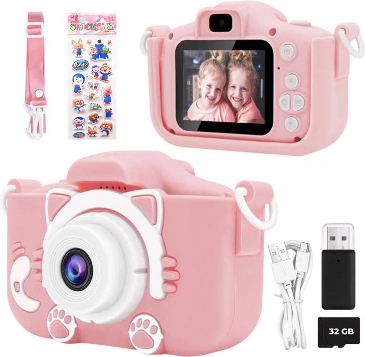 Optimum Digitale Kinder Camera Inclusief 32 GB SD Kaart En SD Kaart Lezer + Stickervel - Fototoestel Kinderen - Educatief Speelgoed - Vlog camera - Roze