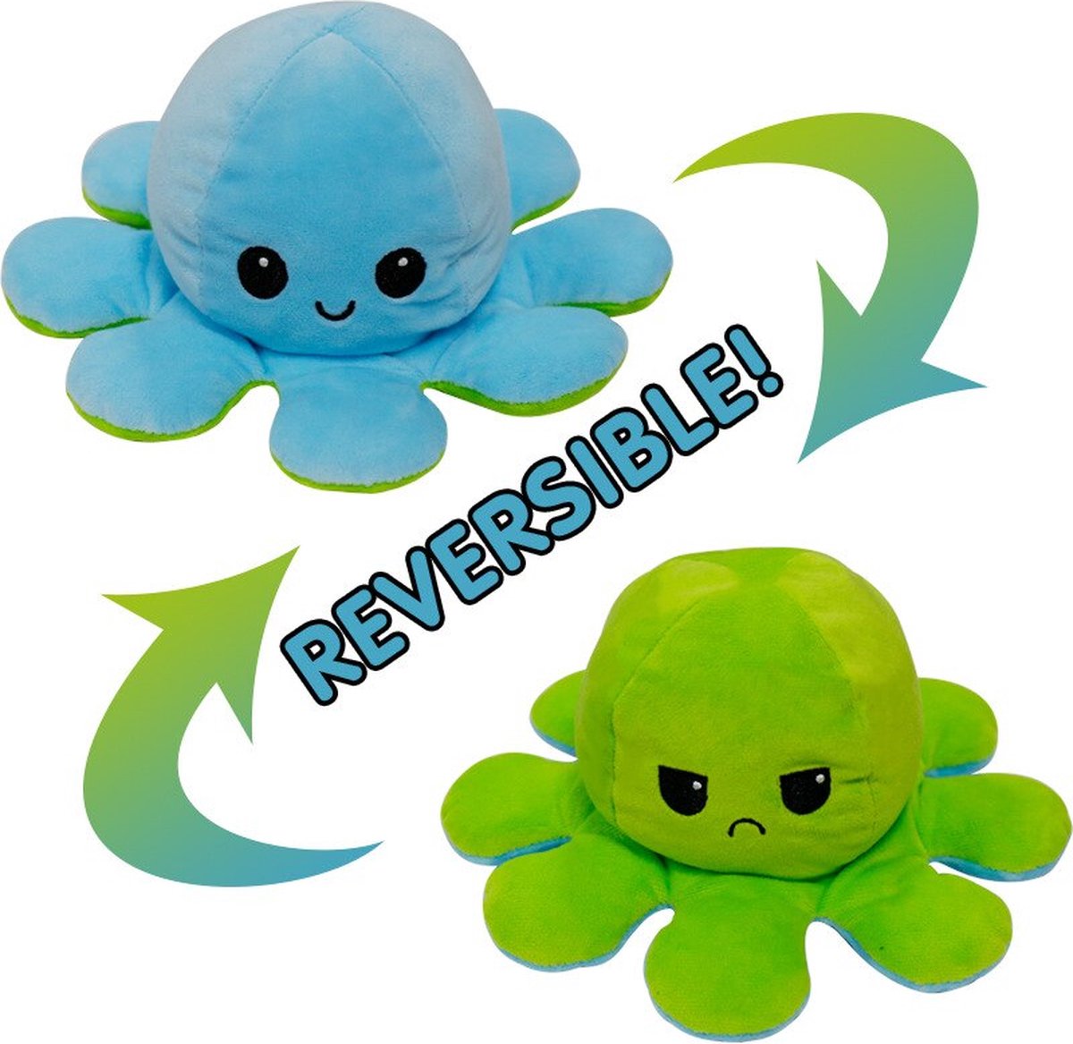 Mood Octopus - Emotie Knuffel - Reversible / Omkeerbaar - XXL 30 cm - (lichtblauw/groen)