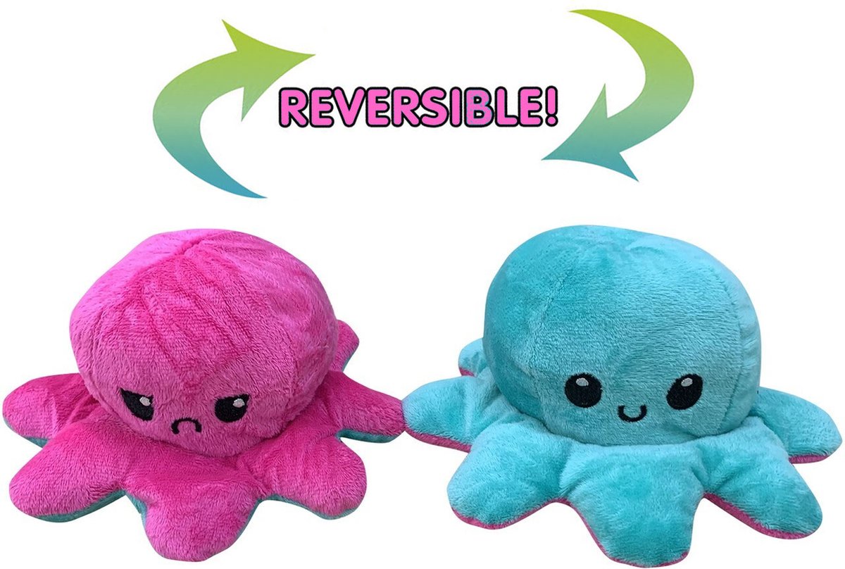 Mood Octopus - Emotie Knuffel - Reversible / Omkeerbaar - XXL 30 cm - (paars/lichtblauw)