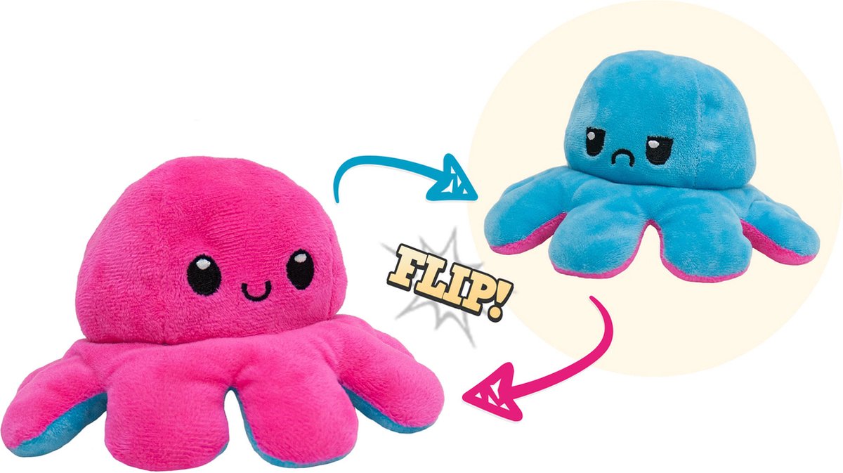 Mood Octopus - Emotie Knuffel - Reversible / Omkeerbaar - XXL 30 cm - (roze/blauw)