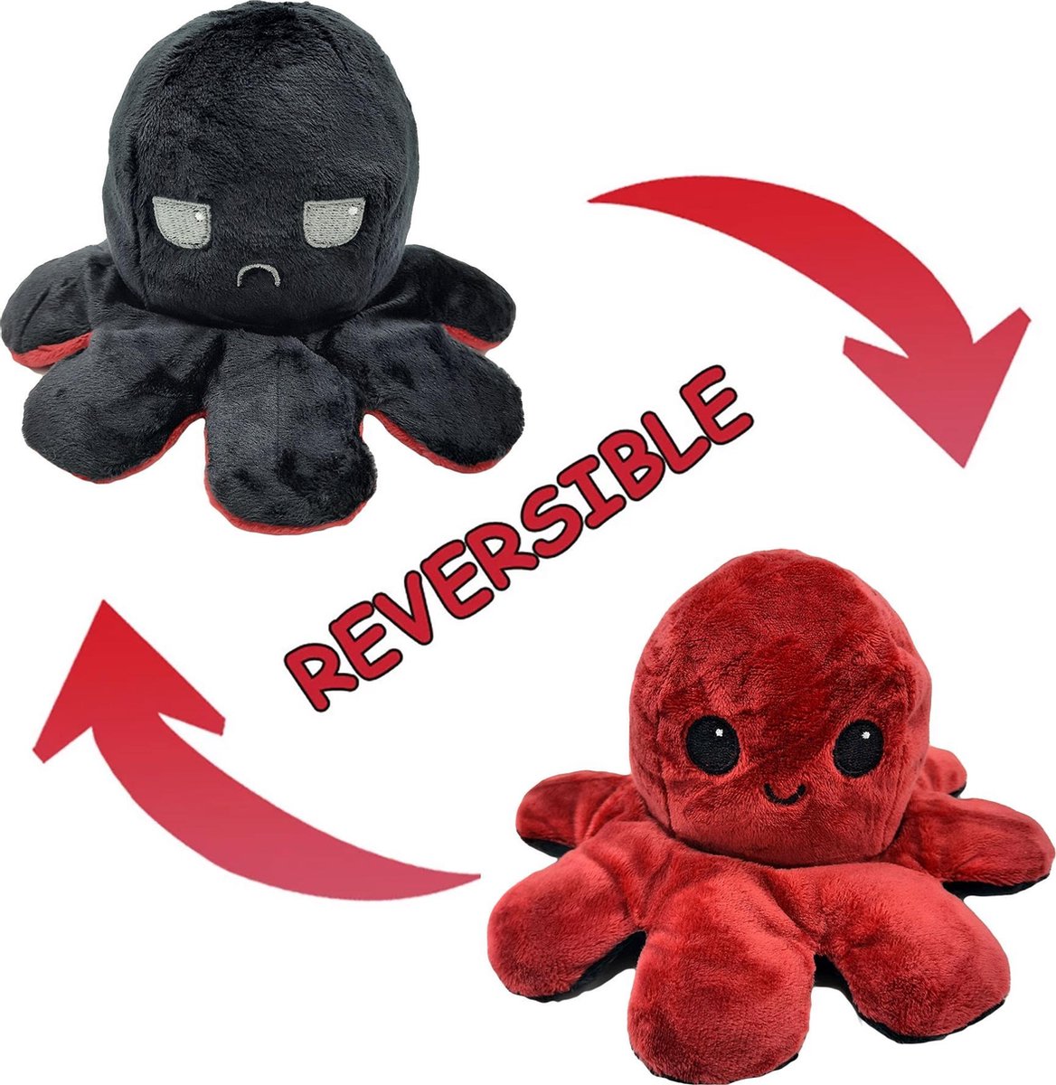 Mood Octopus Knuffel - Reversible / Dubbelzijdig - As seen on TikTok - 20 cm (zwart/bordeauxrood)