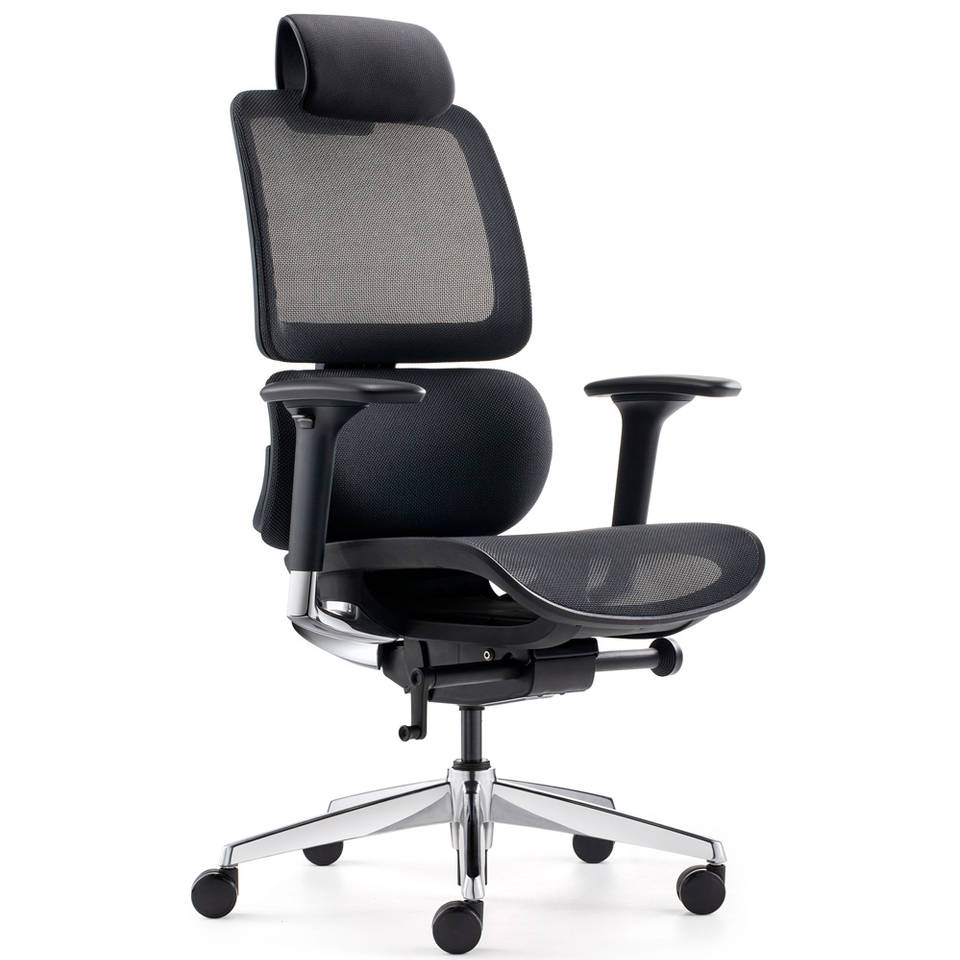 24Designs Sigma Synchro-4 Ergonomische Bureaustoel - Hoofdsteun - Zwarte Stof/Mesh - Chromen Onderstel