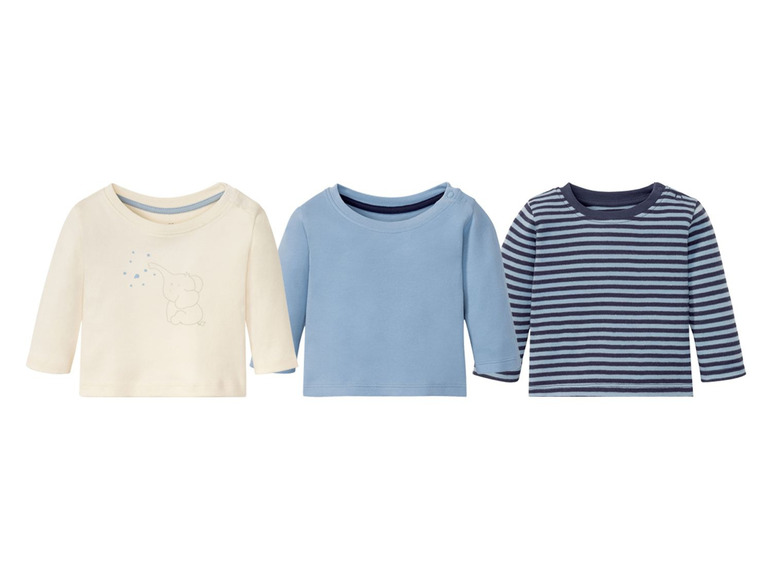 3 babyshirts met lange mouwen (62/68, Navy/blauw/beige/gestreept)