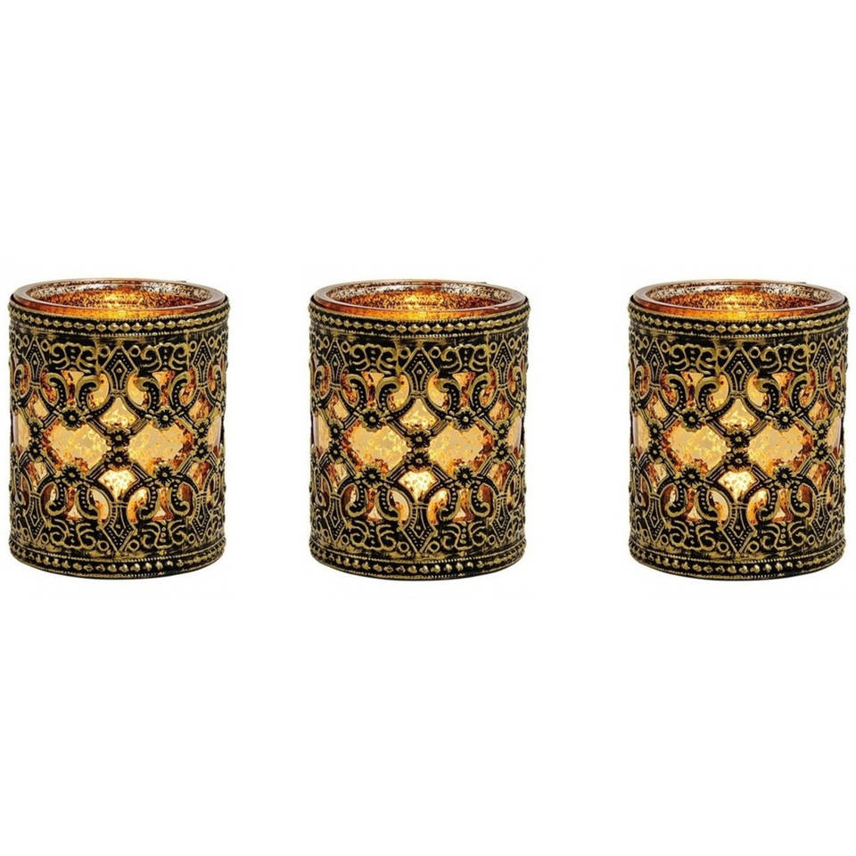 3x stuks waxinelicht/theelicht houder zwart/goud antiek 10 cm - Woonaccessoires/woondecoraties kaarsenhouders