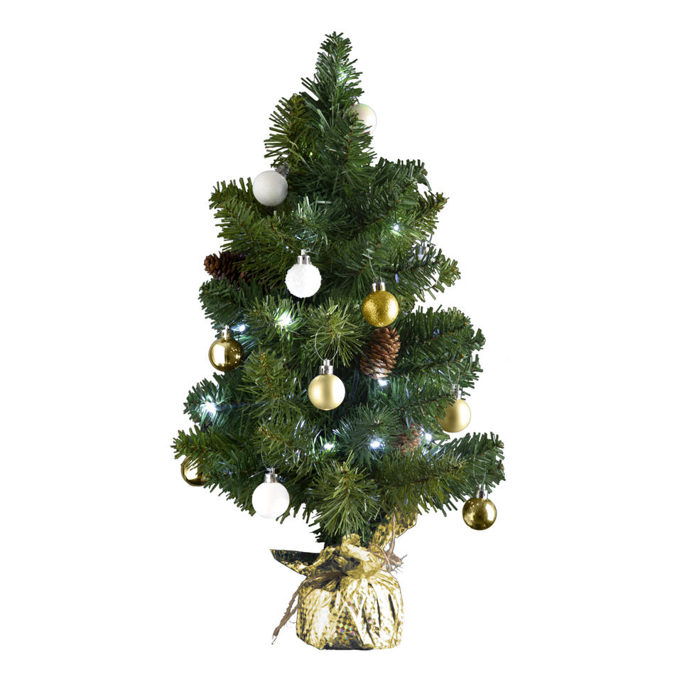 4Goodz kunstkerstboom met licht en versiering 50cm hoog - Goud/Wit