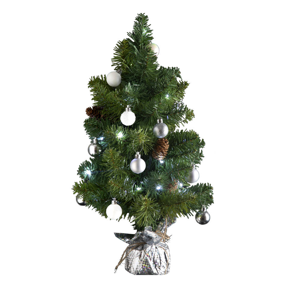 4Goodz kunstkerstboom met licht en versiering 50cm hoog - Zilver/Wit