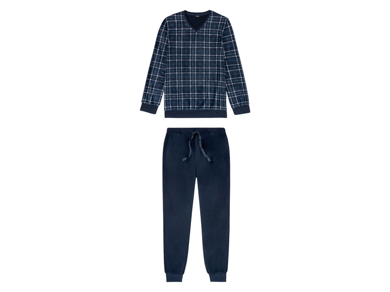 Heren fleece pyjama (L (52/54), Navy/wit/geruit)