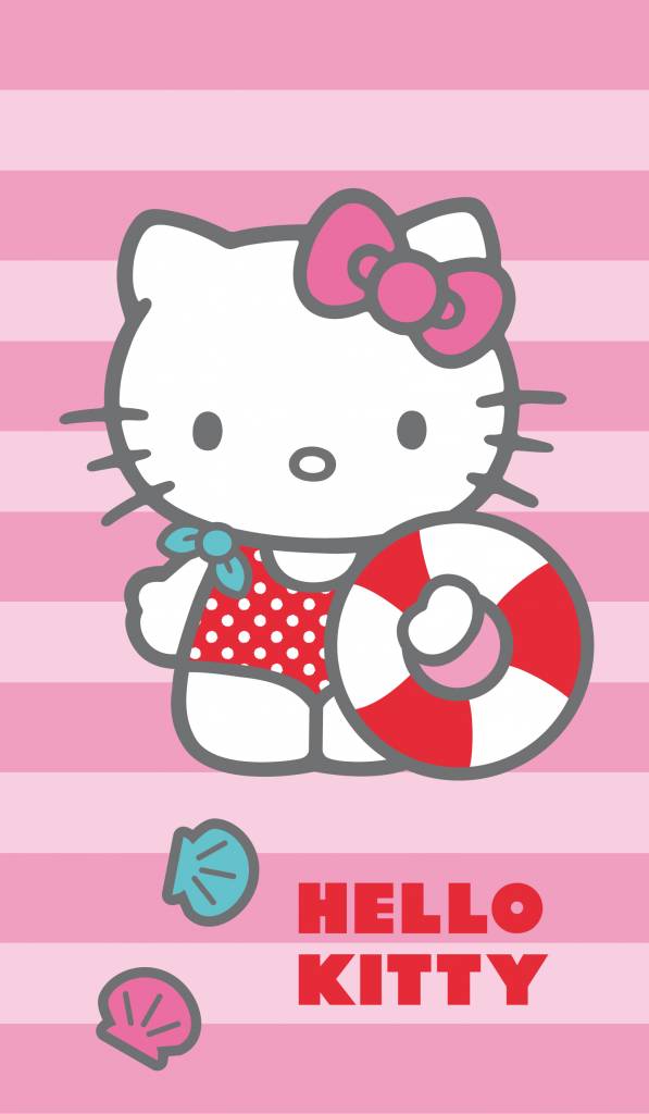 Lief strandlaken van Hello Kitty Deauville, kleurstelling voornamelijk roze. Formaat 70x120cm