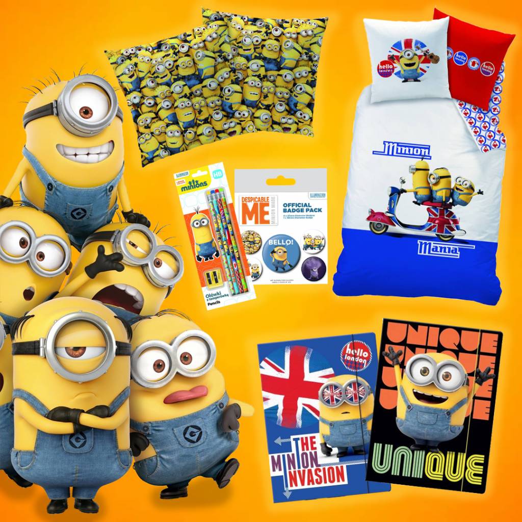 Minions Cadeau Set Minion Mania inclusief Dekbedovertrek - 1 dekbedovertrek + 1 kussensloop, 1 sierkussen, 2 elastomappen, 1 schrijfset, 1 buttonset