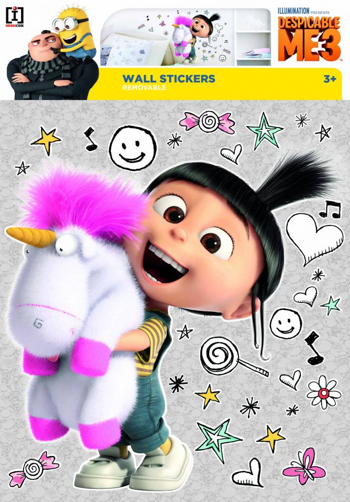 Minions Muursticker Despicable 3 Agnes Unicorn - 1 grote sticker 44 x 47 bxh - 29 kleine stickers