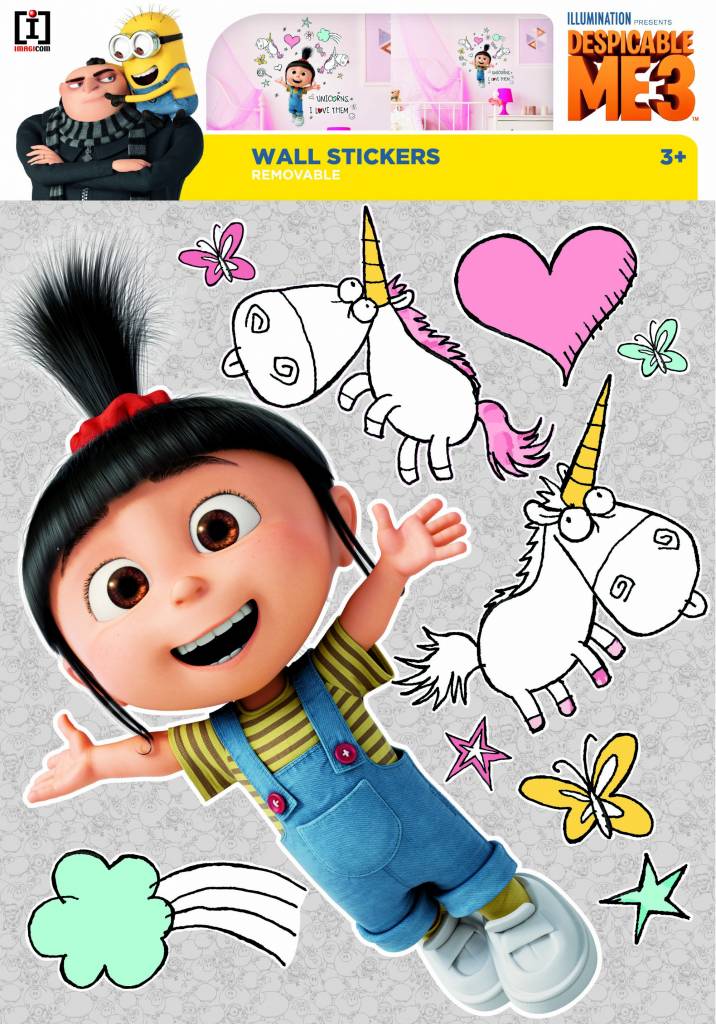 Minions Muursticker Despicable 3 Agnes Unicorns - grootste sticker 21 x 37 cm bxh