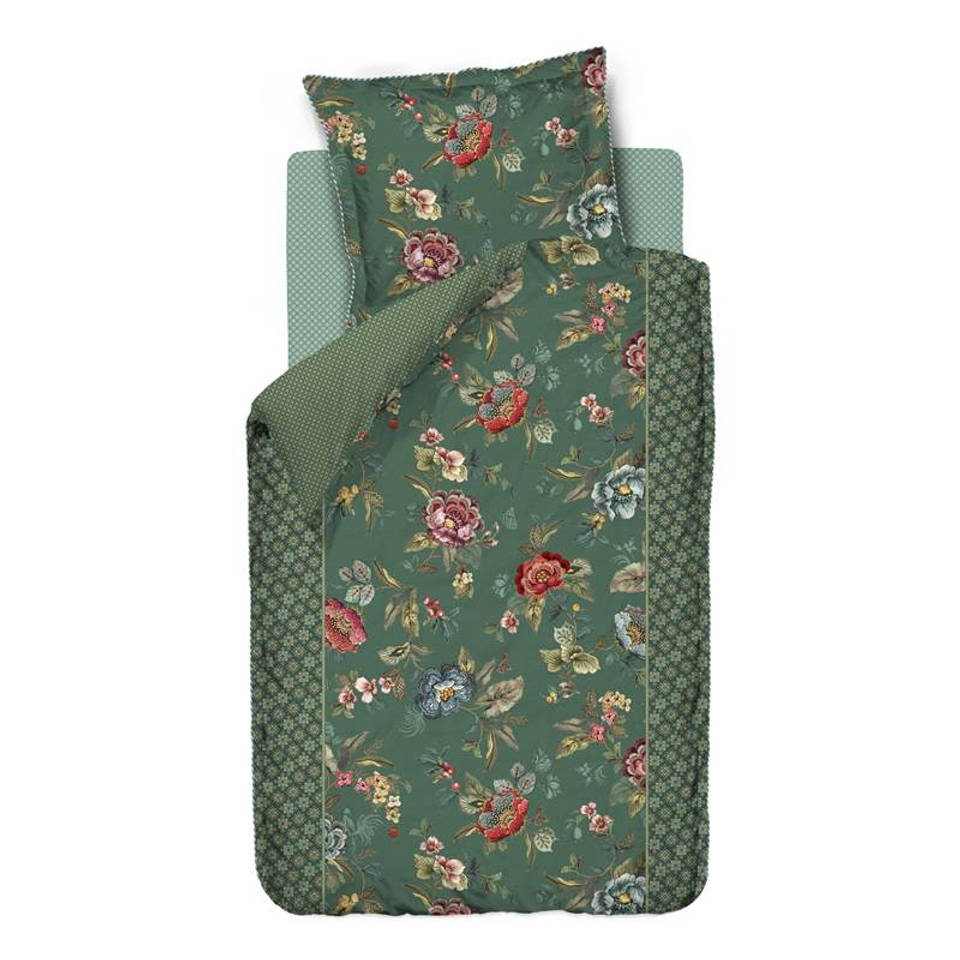 Pip Studio Poppy Stitch dekbedovertrek - 1-persoons (140x200/220 cm + 1 sloop) - Percal katoen - Green