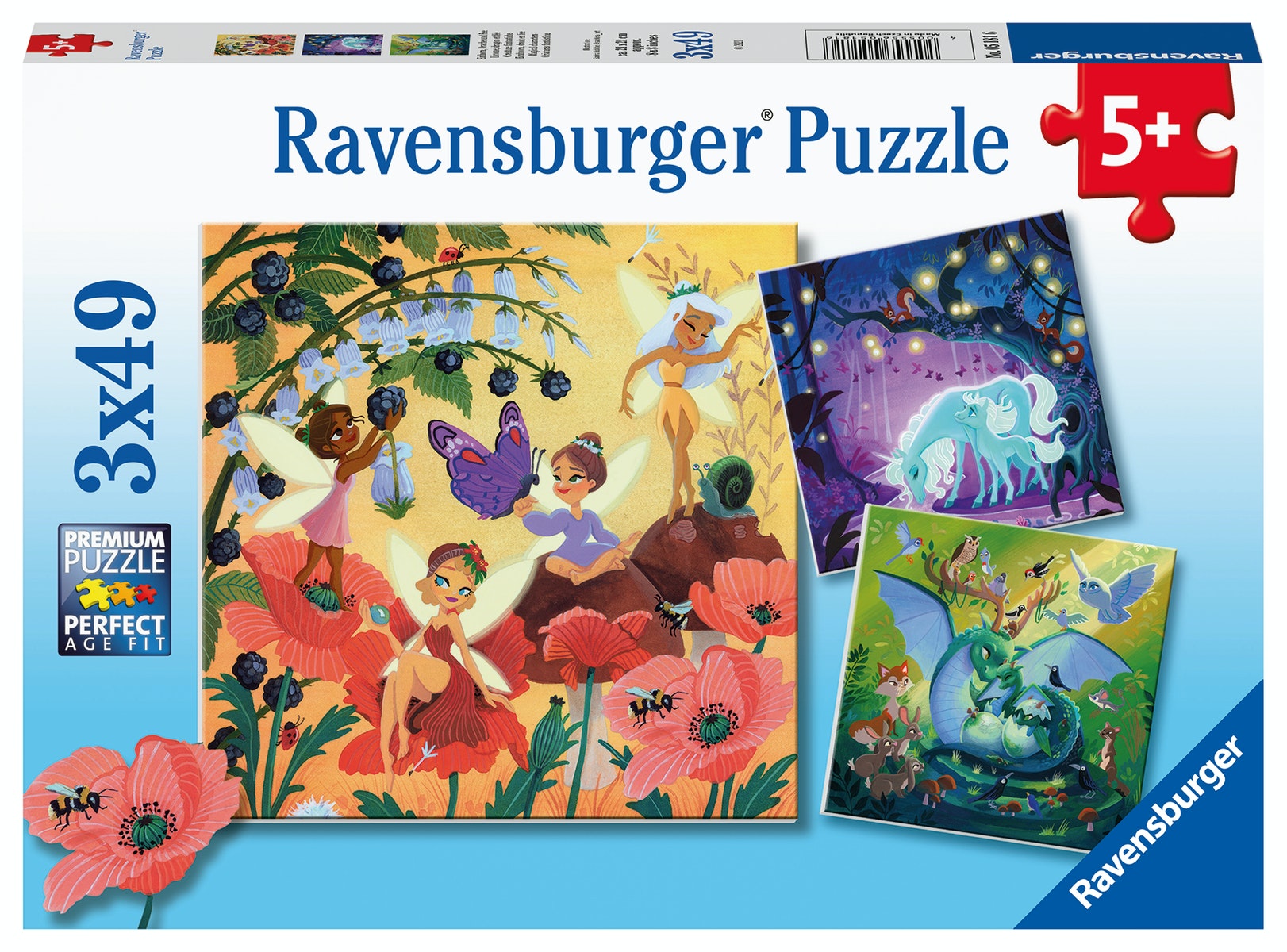 Ravensburger puzzel 3x49 stukjes eenhoorn draak en fee