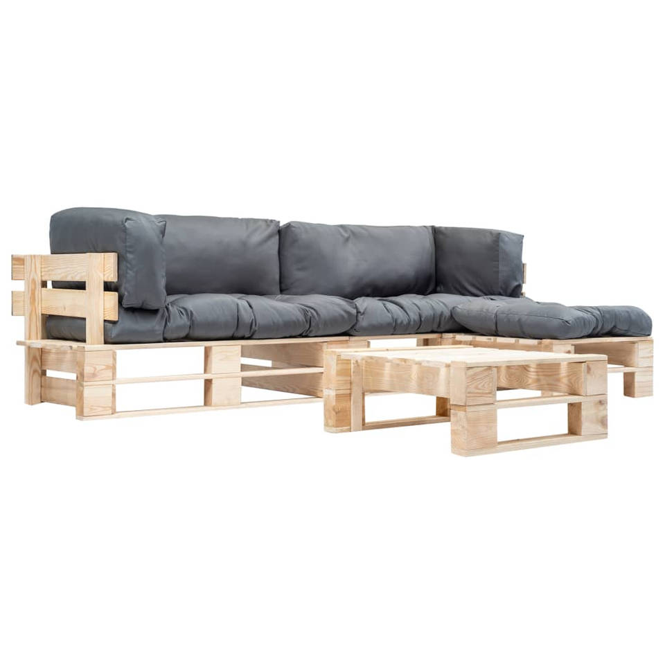 vidaXL 4-delige Loungeset pallet met grijze kussens hout