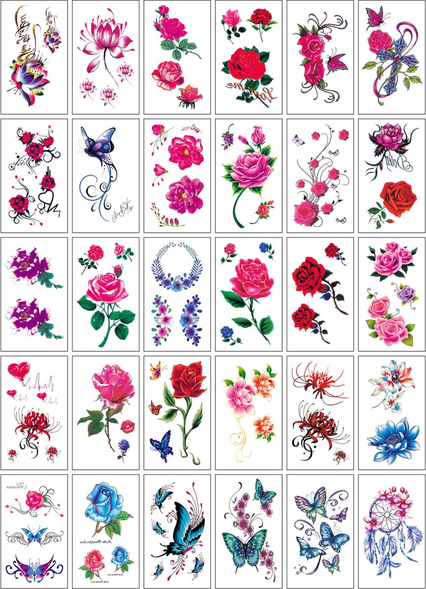 Bloemen Neptattoo-30 vellen 56 stuks-Tijdelijke Tatoeages–Tattoo Stickers