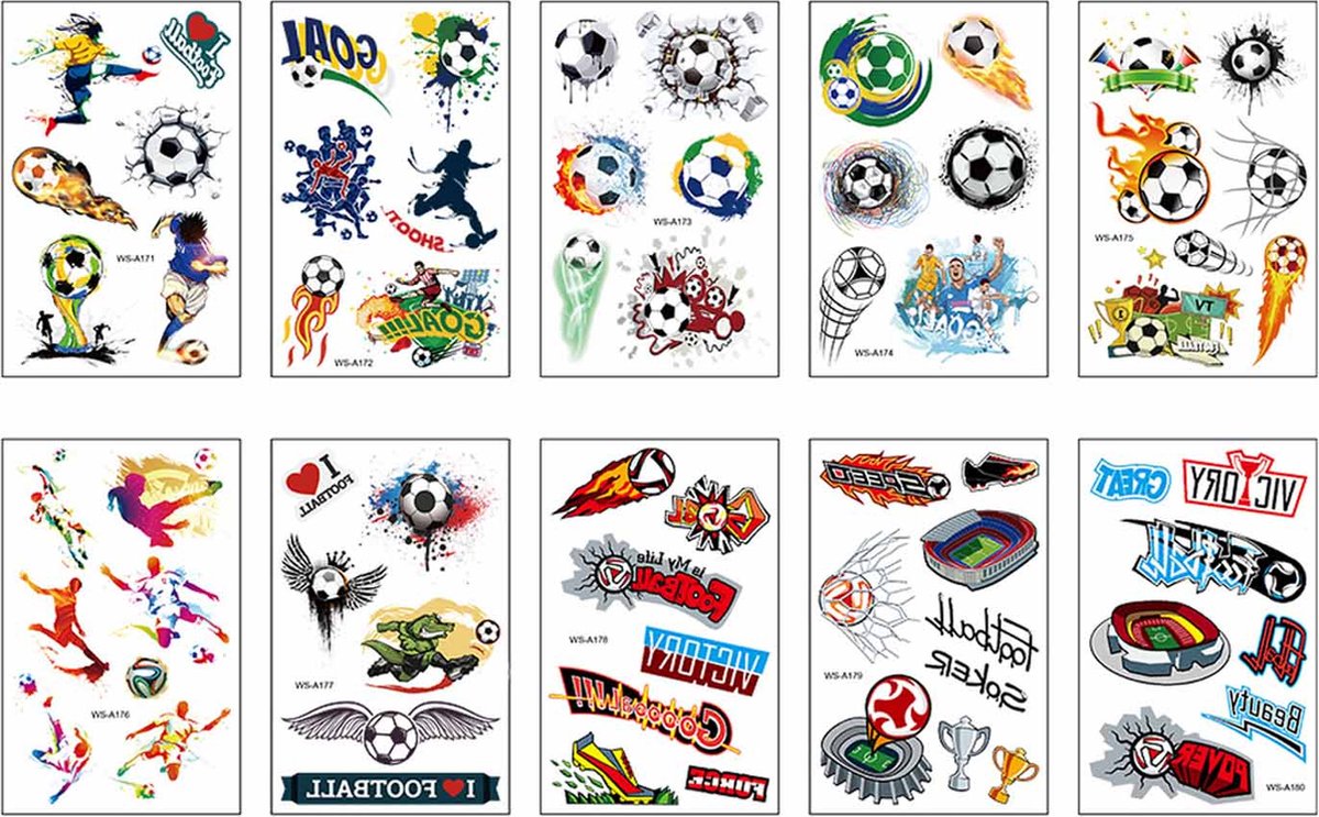 Voetbal Neptattoo - 10 Vellen 60 stuks- WK 2022- Football- Worldcup 2022-Tijdelijke Tatoeages - Voetbal Plakplaatjes – Tattoo Stickers