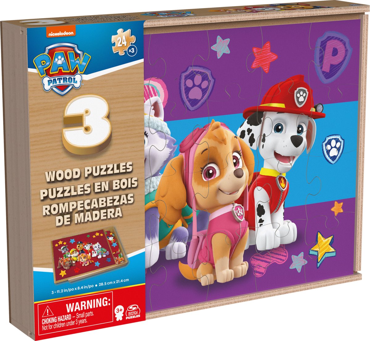 PAW Patrol - 3 Houten Puzzels - 24 stukjes - Met Opbergdoos