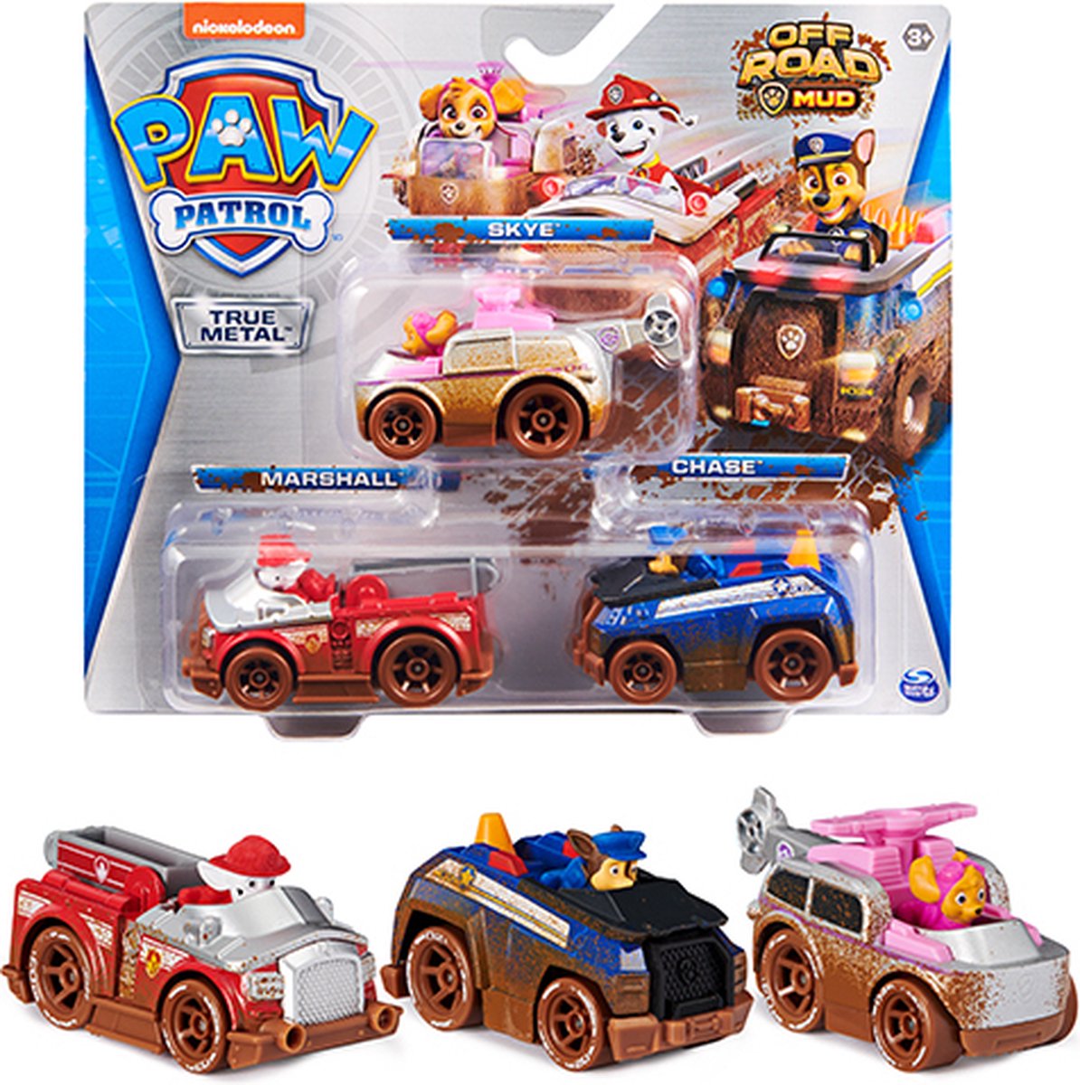 PAW Patrol True Metal Off-Road Modder, 3 gegoten speelgoedvoertuigen met Skye-, Chase- en Marshall, schaal 1:55