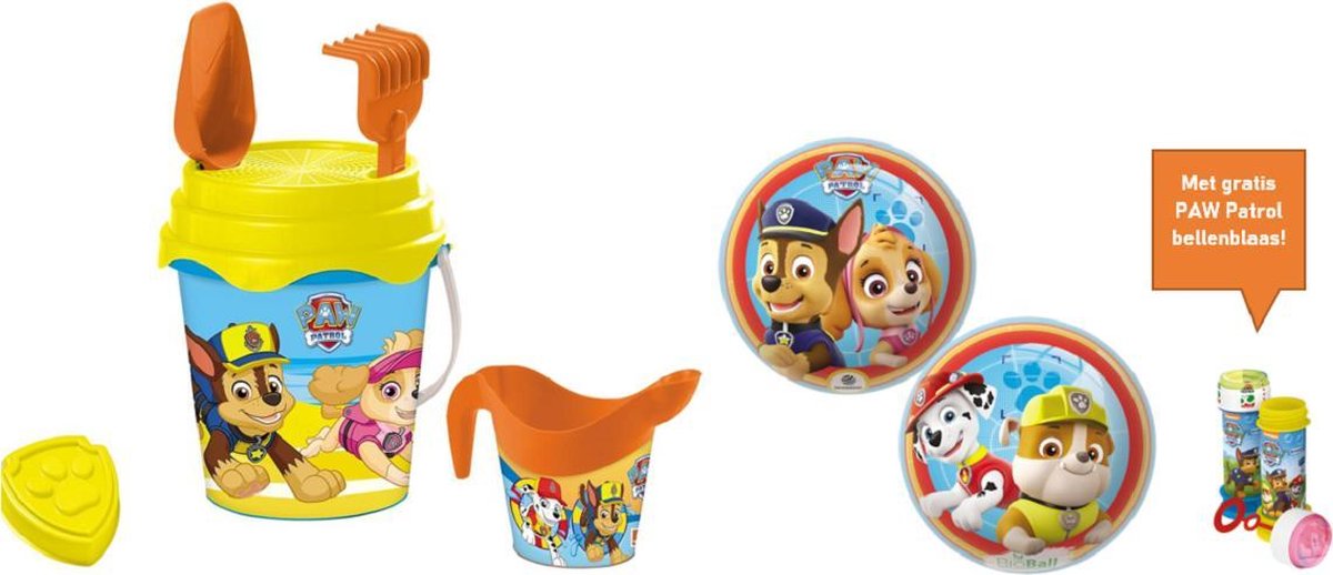 Paw Patrol Emmer set 15cm Gieter 6 delig - Paw Patrol Bal 23cm - Paw Patrol Bellenblaas -