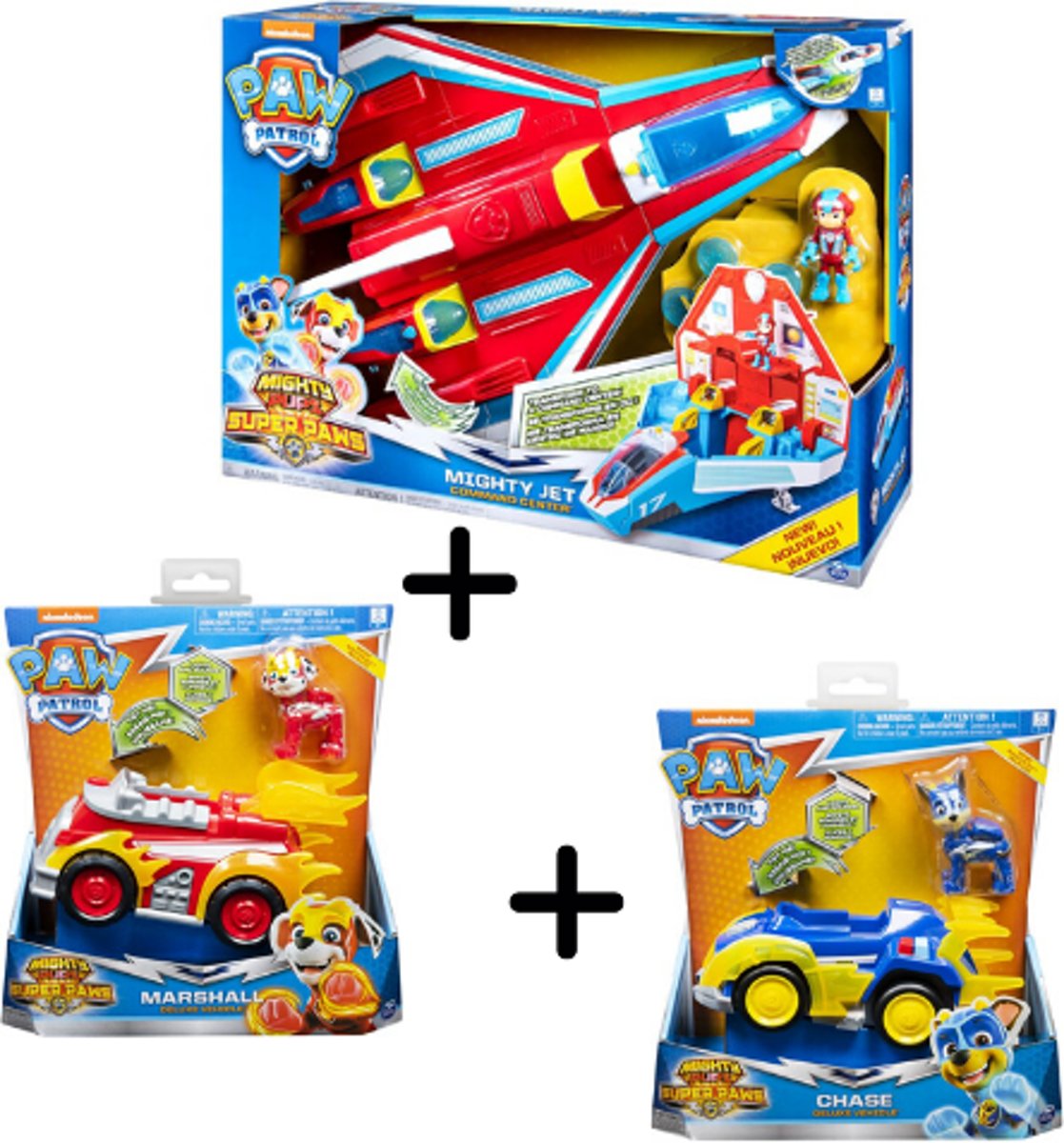 Paw Patrol MIghty Pups - Supersonic jet + Marshall + Chase met voertuig