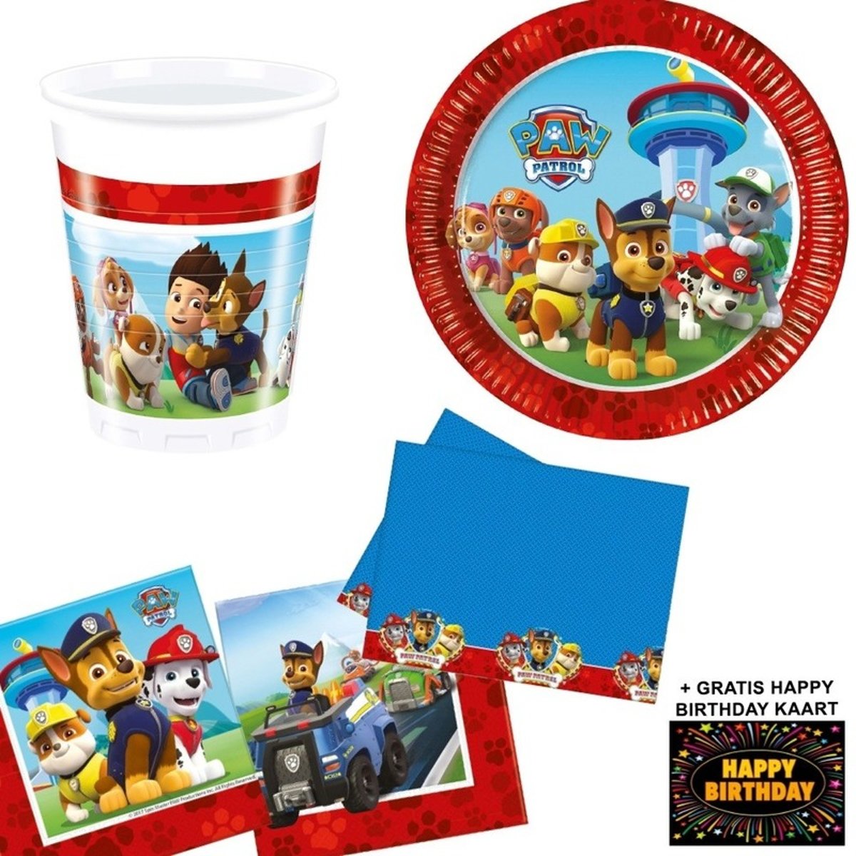 Paw Patrol kinderfeestje versiering tafel pakket 8 personen - Paw Patrol tafelversiering + gratis happy birthday kaart