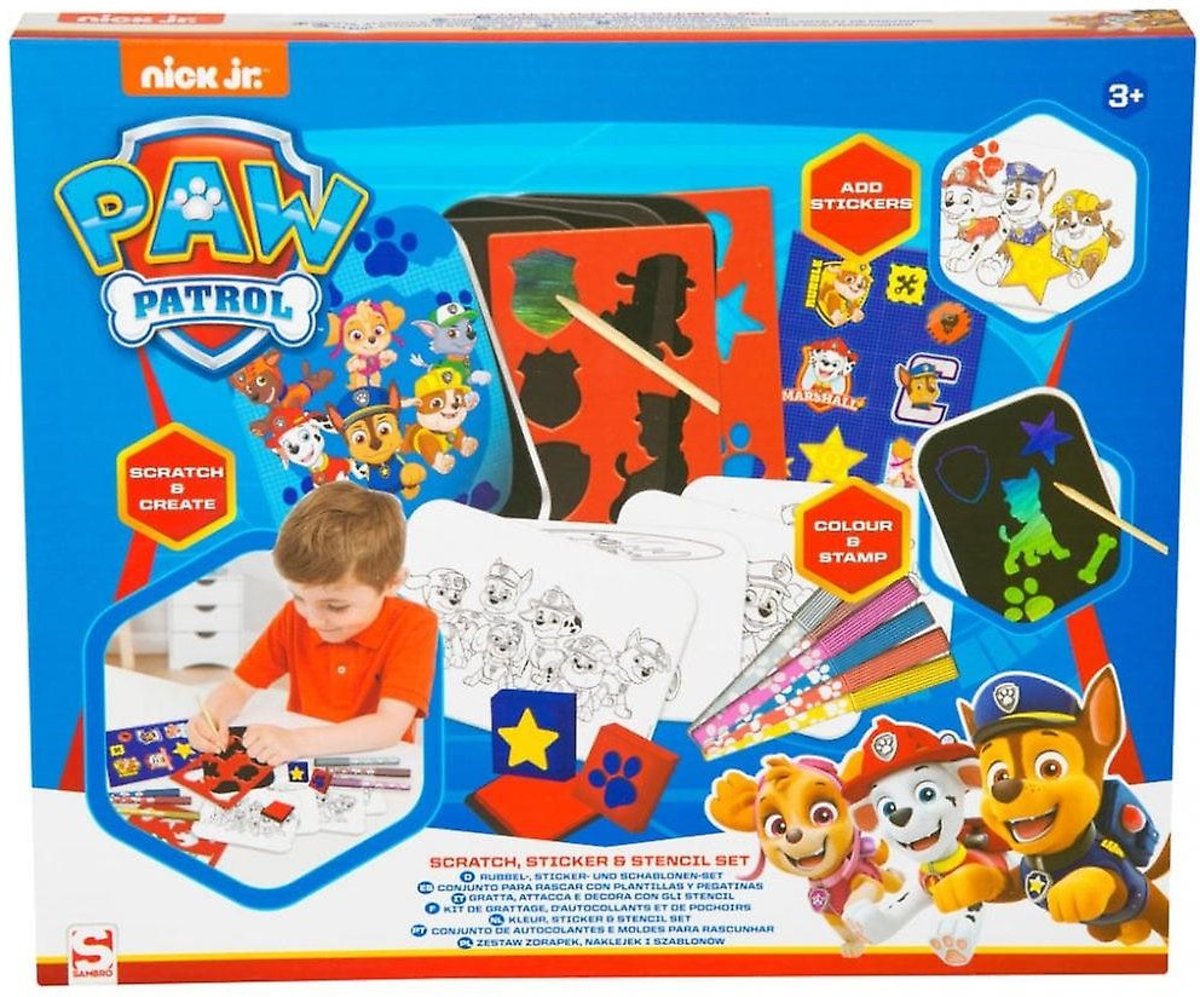 Paw Patrol kleur doos vol met 5 x sjablonen 2 x stempels inktkussen stikervel 10 kleuren vellen 6 minnistiften 2 stencils