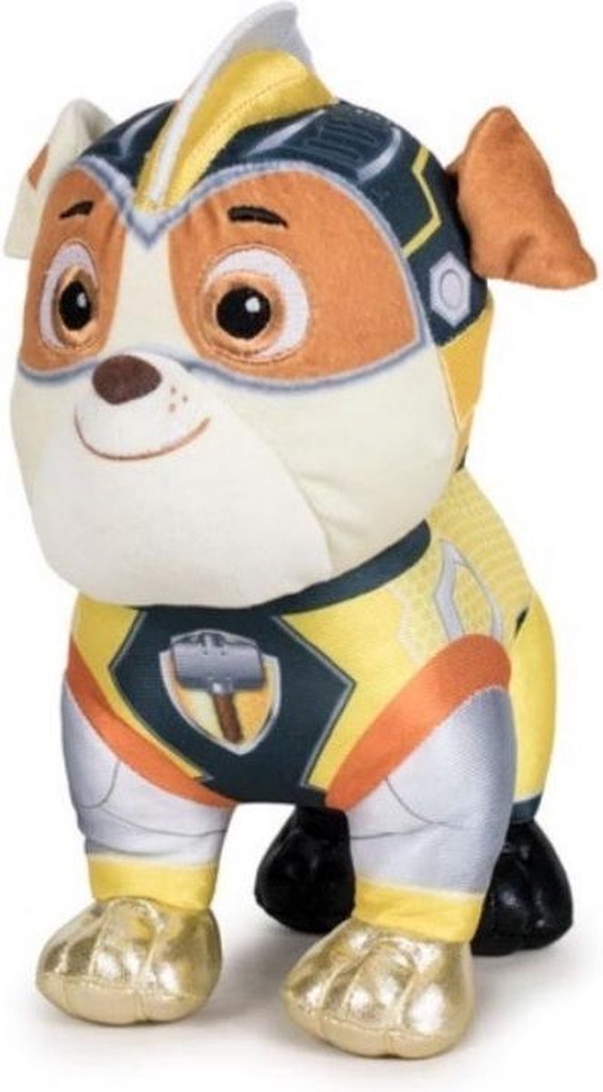 Pluche Paw Patrol knuffel Rubble - Mighty Pups Super Paws - 19 cm - Cartoon knuffels - Speelgoed voor kinderen