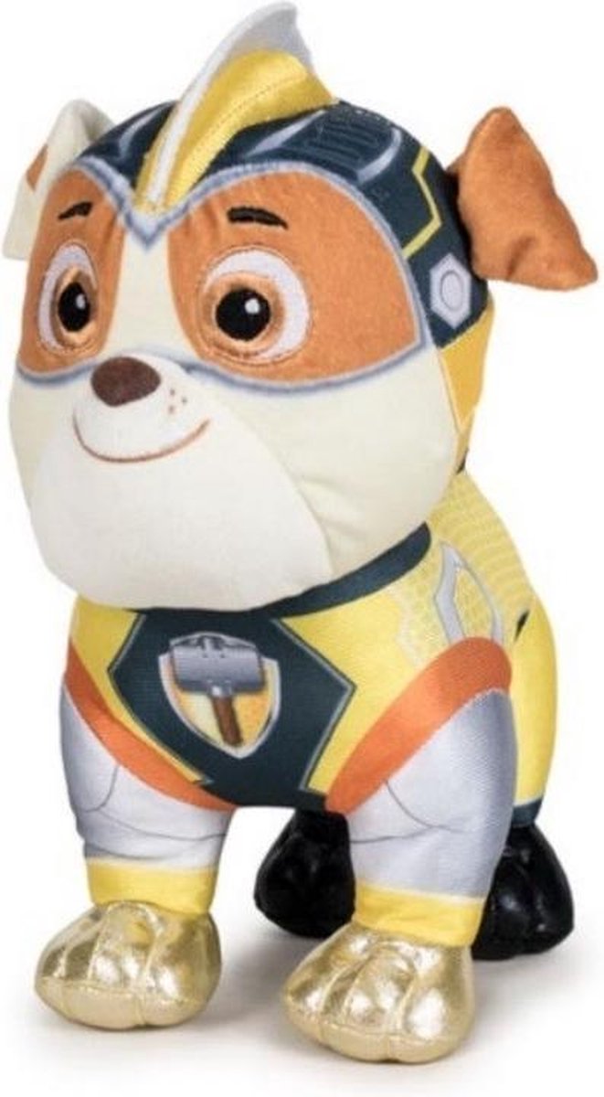 Pluche Paw Patrol knuffel Rubble - Mighty Pups Super Paws - 27 cm - Cartoon knuffels - Speelgoed voor kinderen