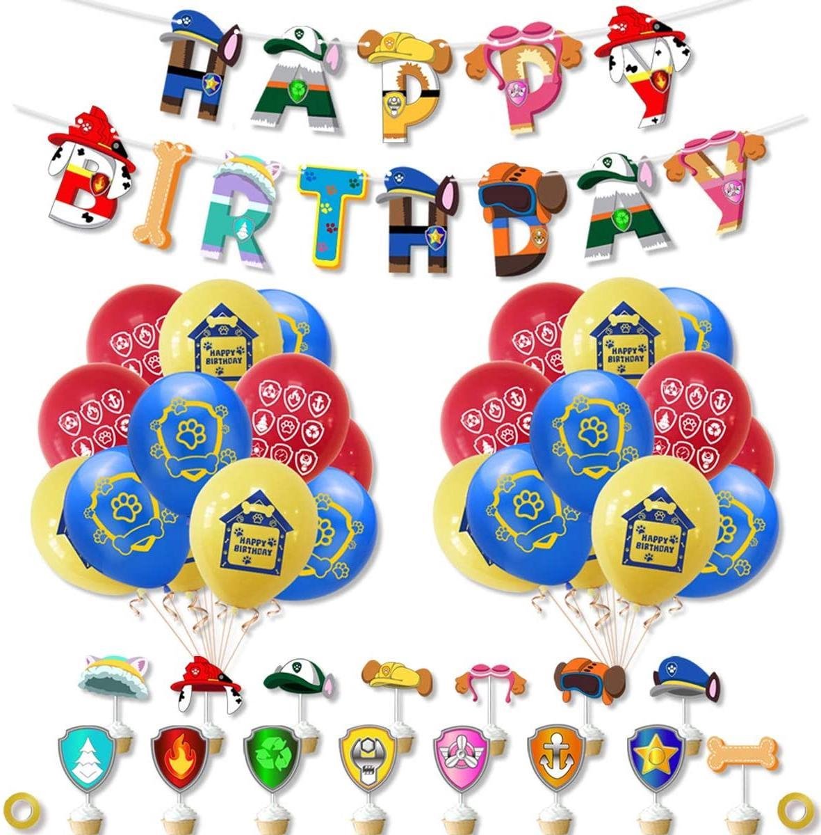 SUNSK Verjaardag Decoratie Paw Dog Patrol Verjaardag Ballonnen Jongen Gelukkige Verjaardag Banner Paw Dog Patrol Taart Toppers Happy Birthday Banner 36 Stuk