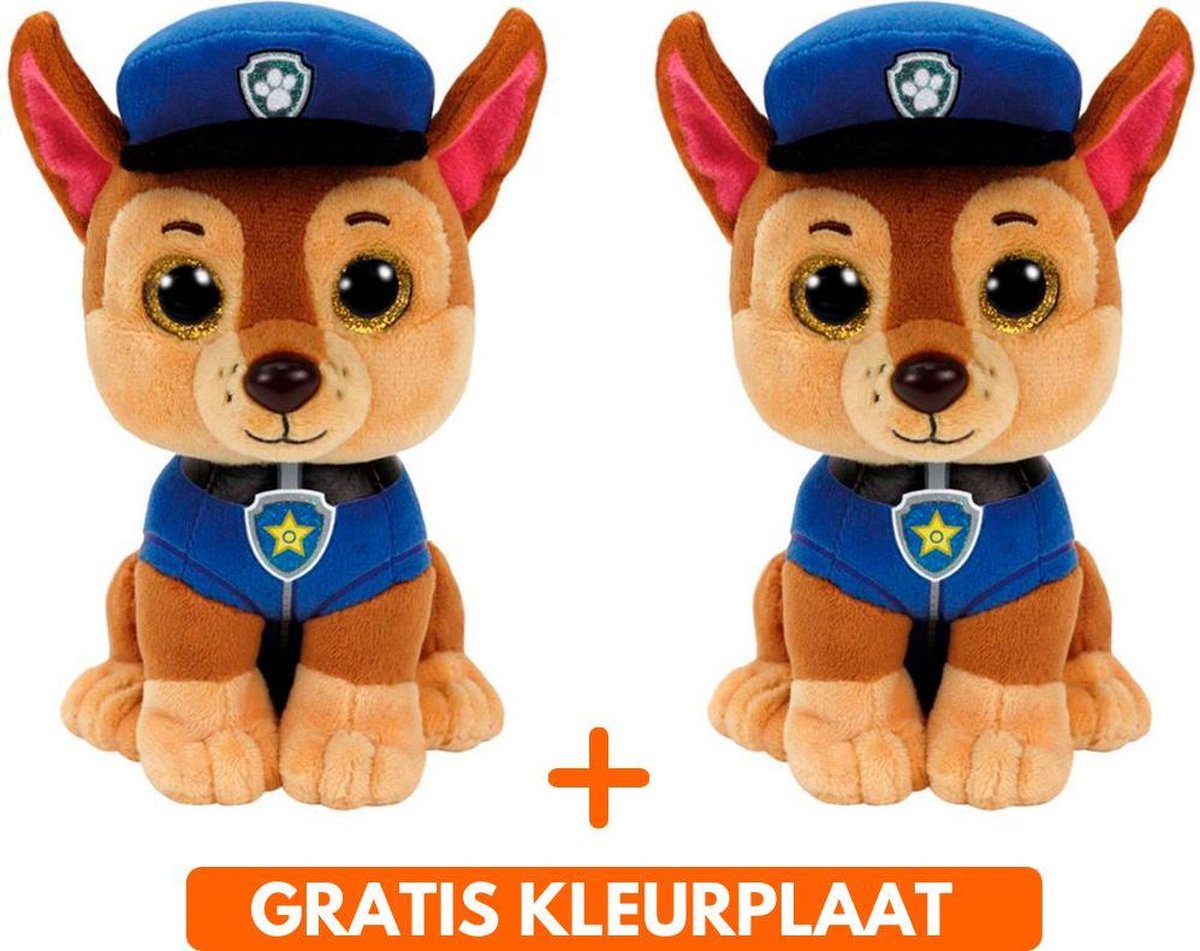 Ty Paw Patrol knuffel  2x zachte knuffels Chase 15 cm met kleurplaat - schattig Kinder poppen speelgoed hondjes Nickelodeon