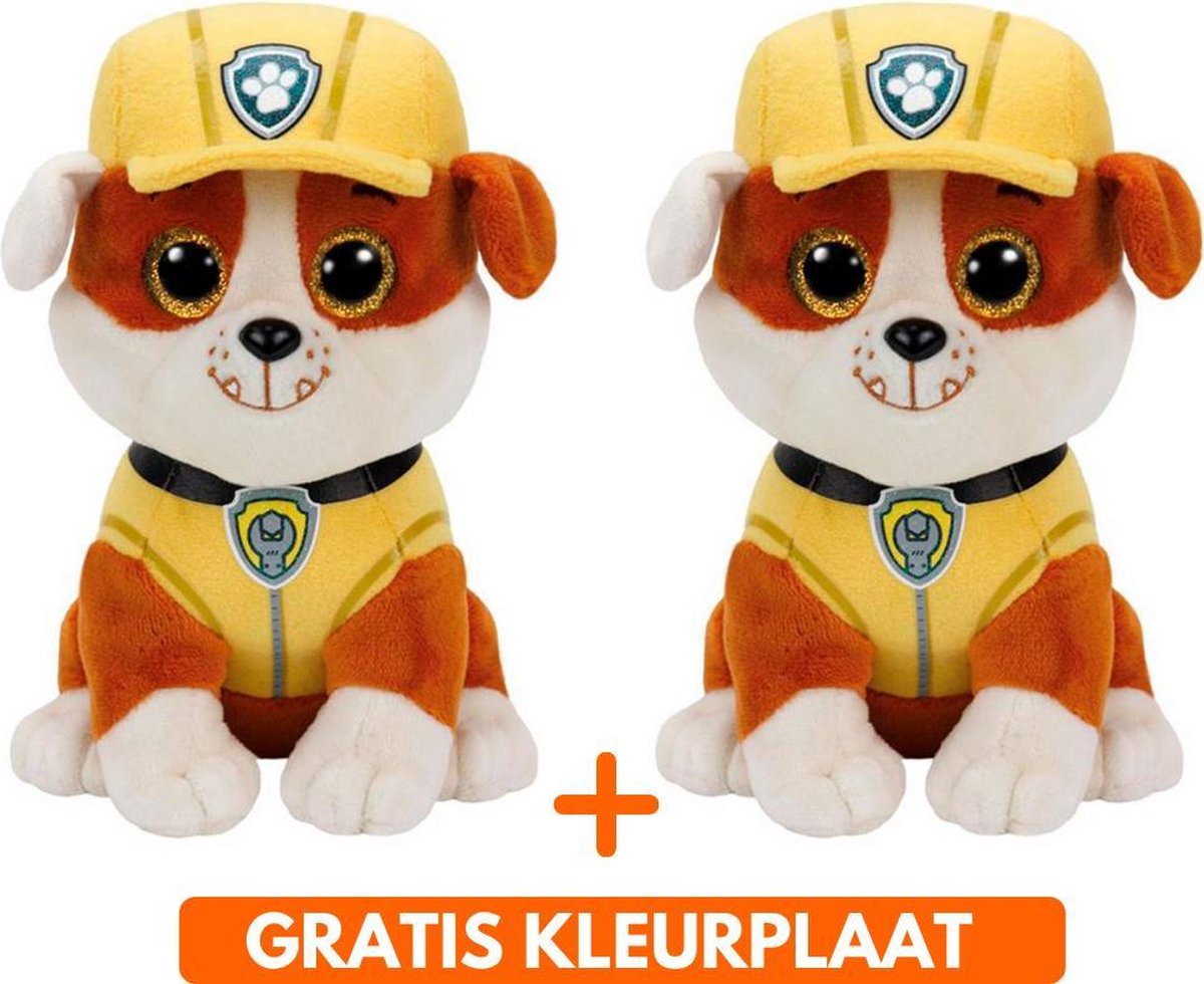 Ty Paw Patrol knuffel  2x zachte knuffels Rubble 15 cm met kleurplaat - schattig Kinder poppen speelgoed hondjes Nickelodeon