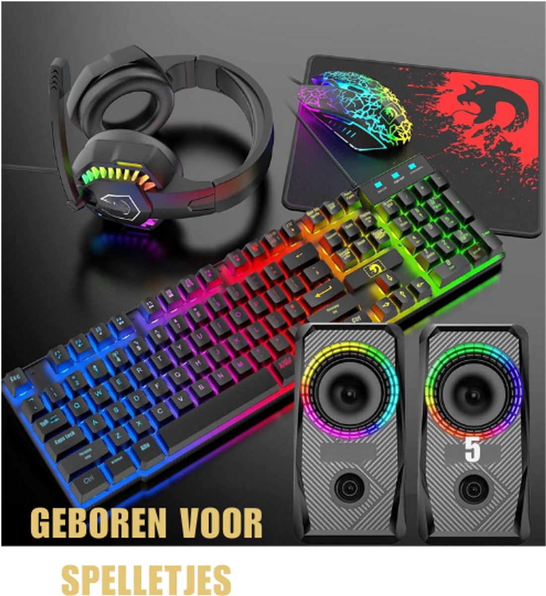 Bedrade 104 Toetsen Gaming Toetsenbord Muis - 3D Stereo Gaming Headset Combo met Multi RGB Backlight - Ergonomische Verstelbare Microfoon - 2400 DPI Muizen - Grote Muizen Waterdicht voor PC Mac Gamer Kantoor