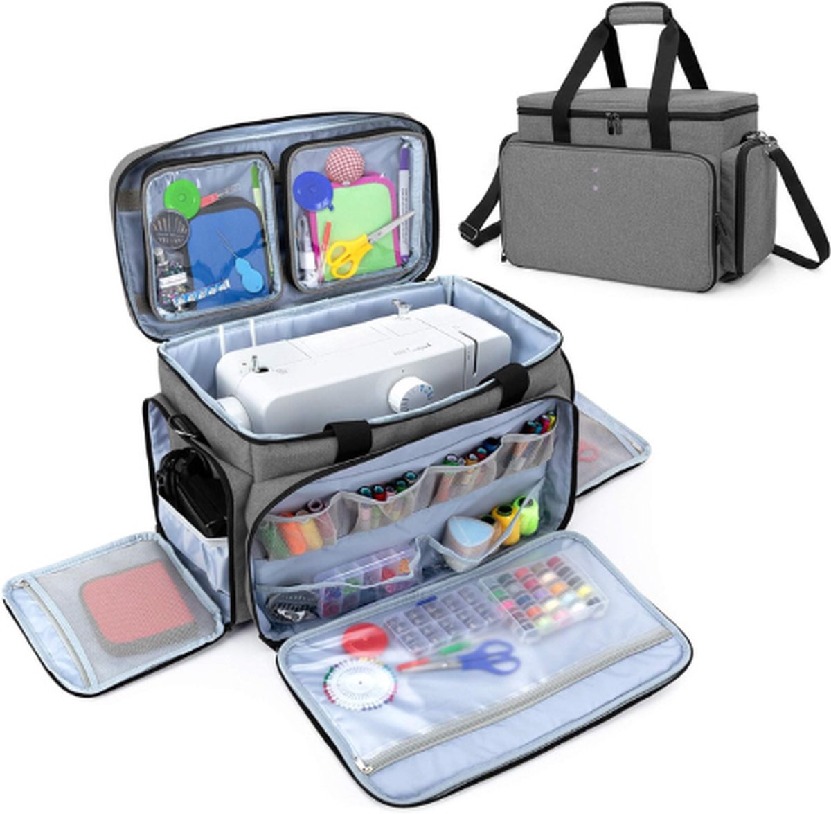 Naaimachine Draagtas Voor De Meeste Standaard Naaimachines - Universele Reistas Met 2 Verwijderbare Transparante Ritszakken Voor Naaibenodigdheden - Grijs