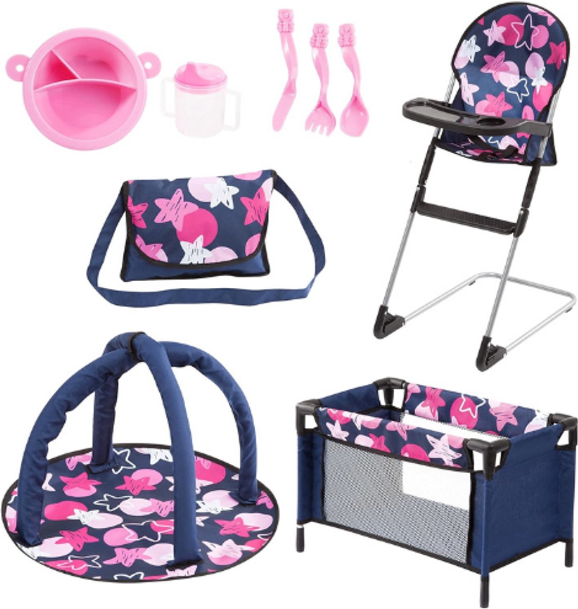 Poppen Accessoires - Poppenstoel - Bed - Speelboog - Tas - Bord - Bestek - Drinkbeker - Roze En Blauw - Met Sterrenpatroon