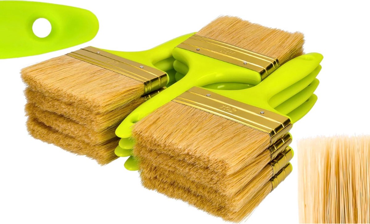 Set Van 12 Platte Penselen - 102 Mm - Ergonomisch Kunststof Handvat - Natuurlijk En Synthetisch Varkenshaarmix - Geschikt Voor Alle Soorten Verf