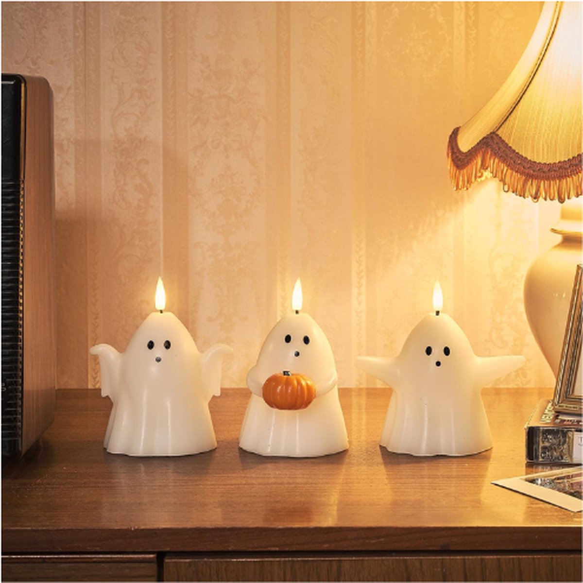 Set Van 3 LED-Spookkaarsen Met Afstandsbediening En Timer - Halloween Decoratie Pompoen Oranje