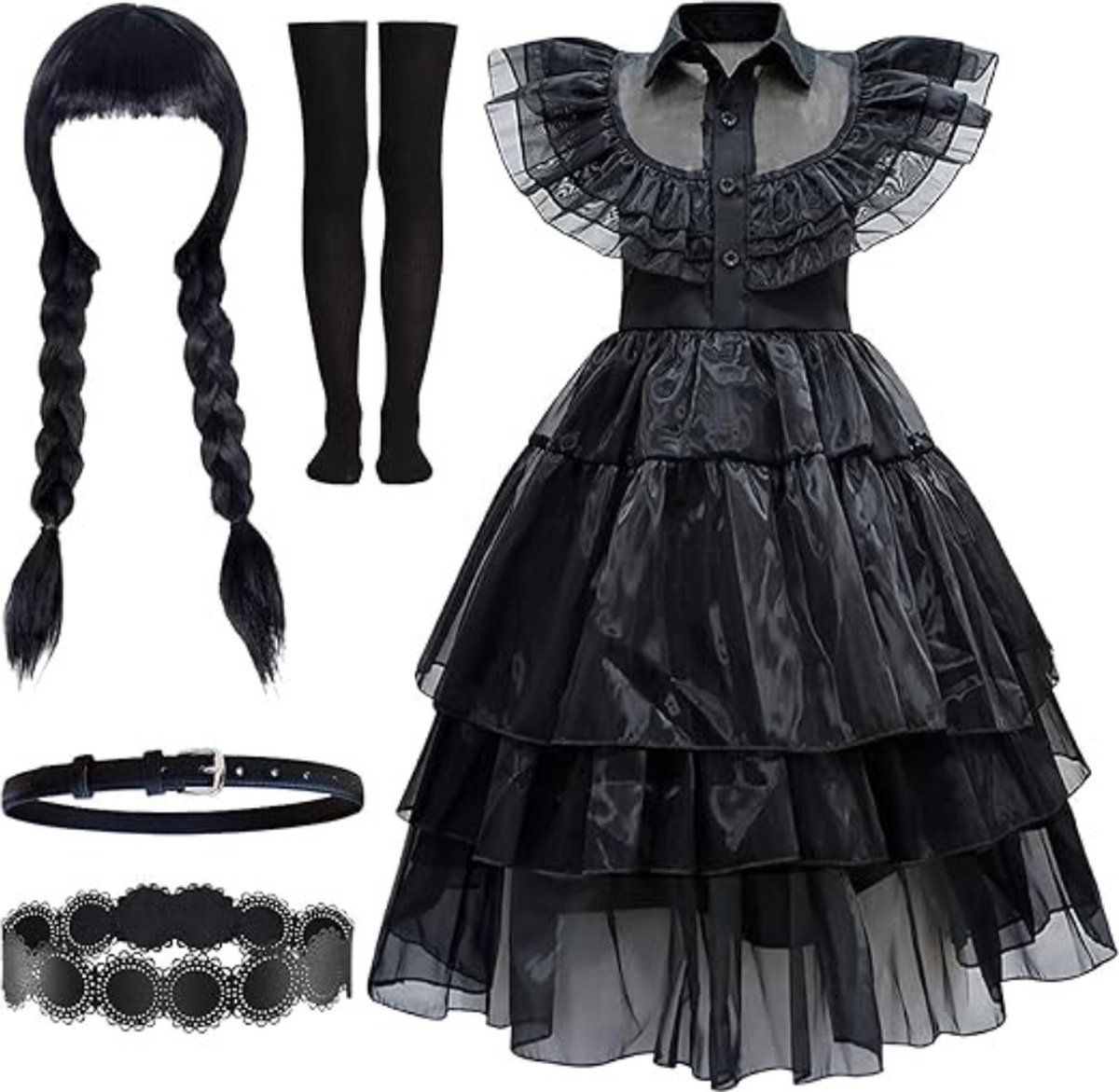 Verkleedpak - Kinderen Wednesday Kostuum - Zwarte Jurk voor Meisjes - 160 cm