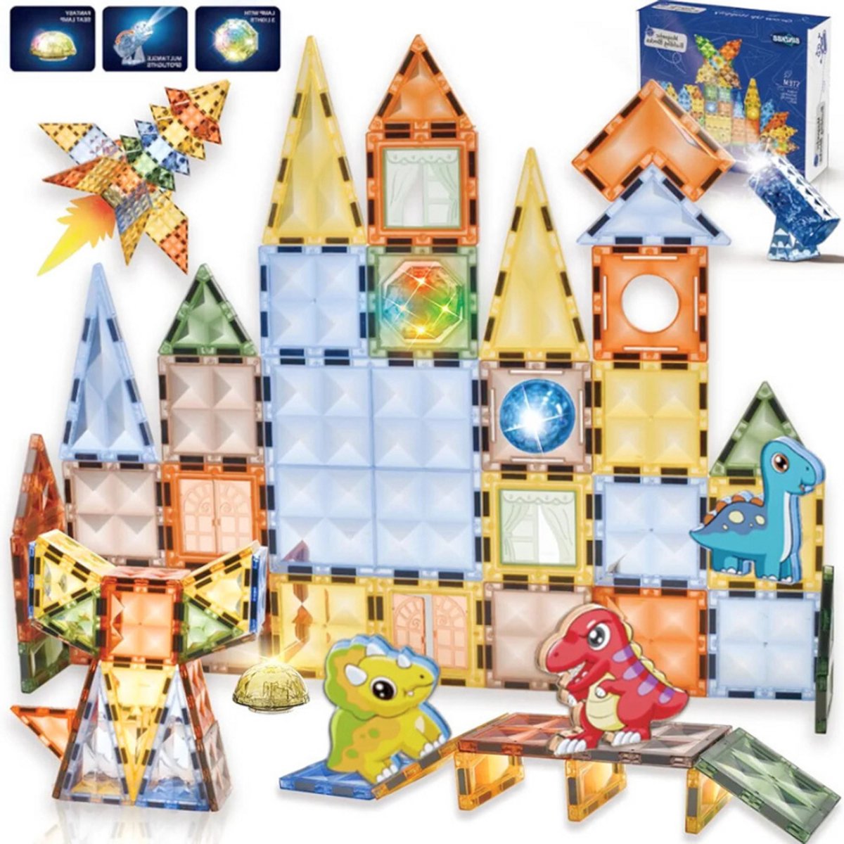 Deluxe Verlichte 3D Transparante Magnetische Bouwsteenset Tegels - STEM Educatieve Constructieset Voor Kinderen (57 Stuks) - Creatief Cadeau Voor Jongens En Meisjes Van 3 tot 8 Jaar