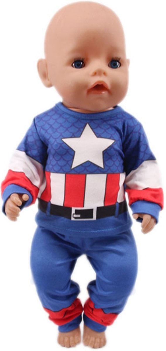 Poppenkleertjes - Geschikt voor Baby Born - Pyjama - Captain America - Blauw, rood en wit - Slaapkleding - Nachtkleding