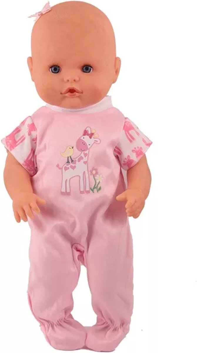 Poppenkleertjes - Geschikt voor Baby Born Little 36cm - Roze romper met giraffe en vogeltje