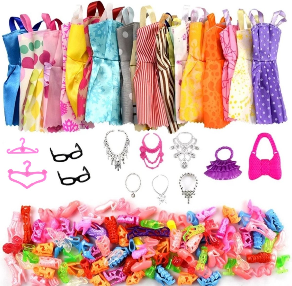 Poppenkleertjes - Geschikt voor Barbie - Set van 42 items - Jurkjes, schoenen, kettingen, brillen, handtassen en kledinghangers - Complete outfit - Barbie kleding - Modepop