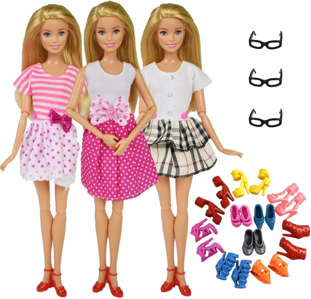 Poppenkleertjes - Geschikt voor Barbie - Set van 9 items - 3 jurkjes, 3 brillen en 3 paar schoenen - Complete outfit - Modepop - Barbie kleding