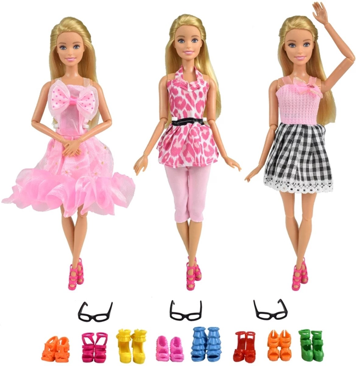 Poppenkleertjes - Geschikt voor Barbie - Set van 9 items - 3 outfits, 3 brillen en 3 paar schoenen - Complete outfit - Modepop - Barbie kleding