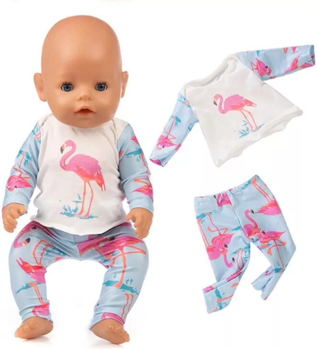 Poppenkleertjes - geschikt voor Baby Born - pyjama - flamingo - blauw, roze - slaapkleding - nachtkleding