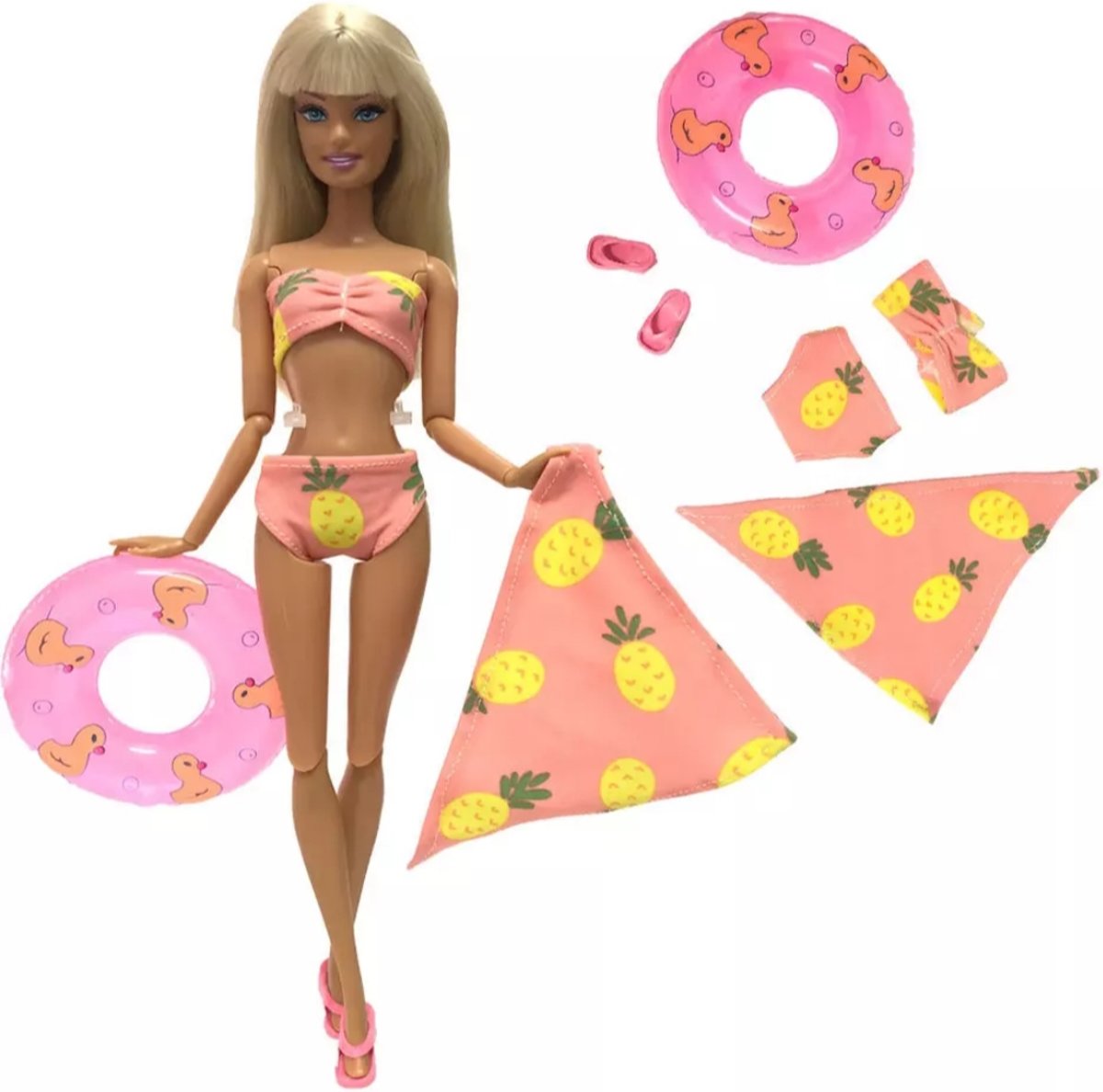 Poppenkleertjes - geschikt voor Barbie - oranje bikini met ananasjes - met zwemband, omslagdoek en slippers - zwemkleding - zomer