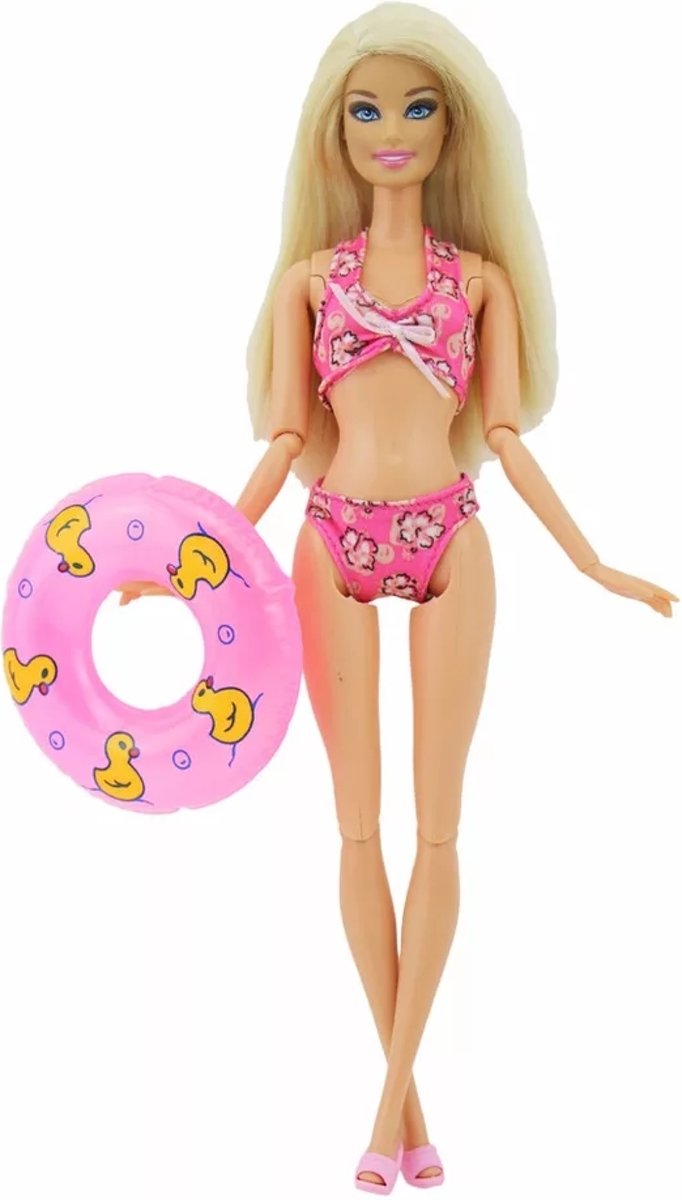 Poppenkleertjes - geschikt voor Barbie - roze bikini met bloemetjes en strikje - met zwemband en slippers - zwemkleding - zomer