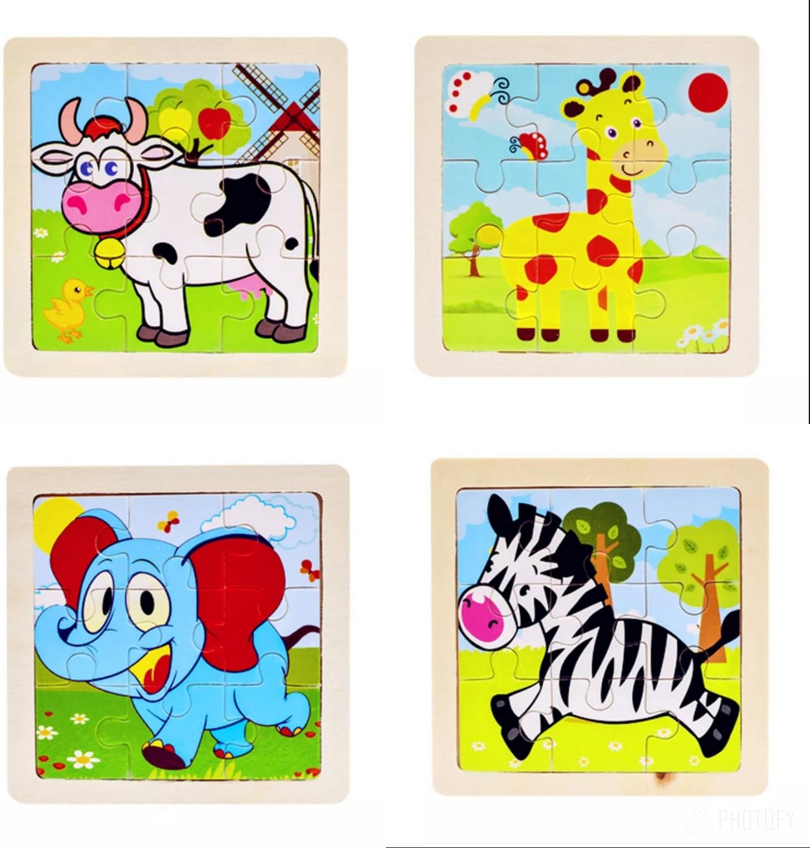 Set van 4 houten dieren puzzels - Koe, giraffe, olifant en zebra - 11 x 11 cm - 9 stukjes - Boerderij - Dierentuin - Circus