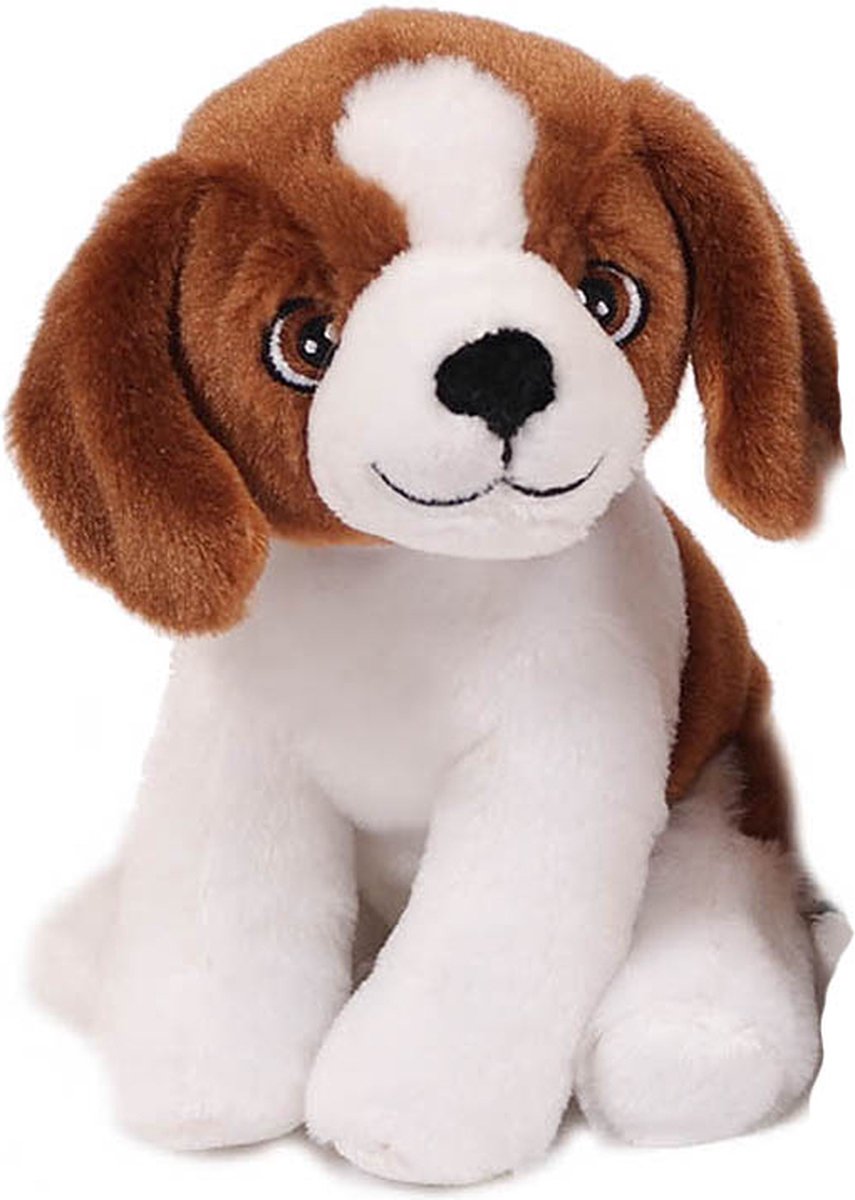 Eco Knuffel Bruin-Witte Puppie Hond - Geborduurde Ogen - 16 cm