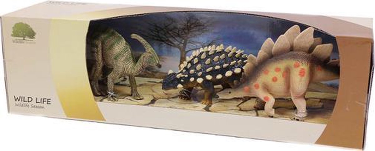 Parasaurolophus-Saichania- Stegosaurus set in display 15 cm